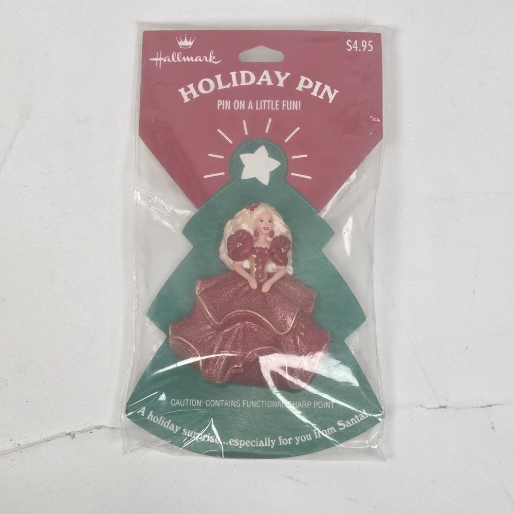 Holiday Barbie Hallmark Pin Christmas 1995 Vintage Red Dress Ornament Brooch